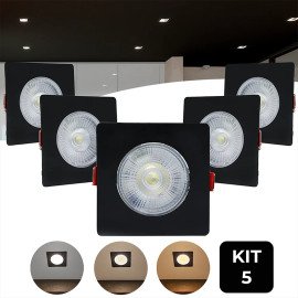 Kit 5 Spot Led Capa Preto 7w Direcionvel Quadrado 