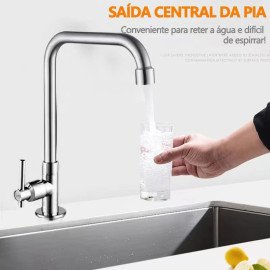 Torneira Cozinha Gourmet Bica Alta Inox Quadrada Bancada