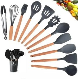 Jogo Kit C/12 Peas Utenslios De Cozinha Colheres Espatula Silicone Cabo Madeira 